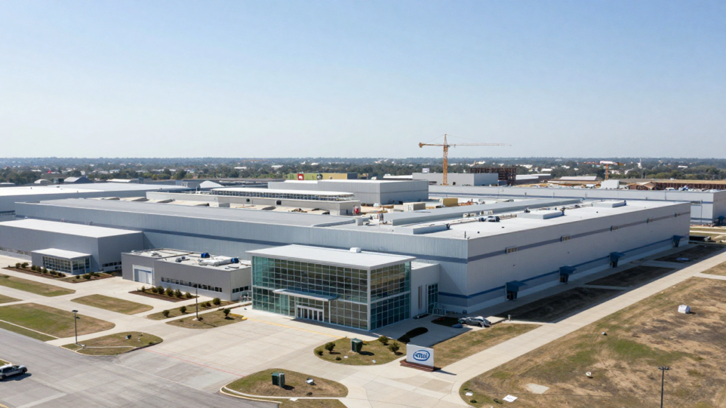 Planned Texas semiconductor fabrication complex with an Intel sign and construction cranes