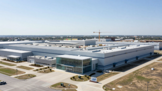 Planned Texas semiconductor fabrication complex with an Intel sign and construction cranes