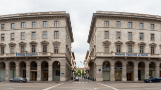 Bank facades in Milan representing Intesa Sanpaolo’s takeover offer for Monte dei Paschi di Siena.