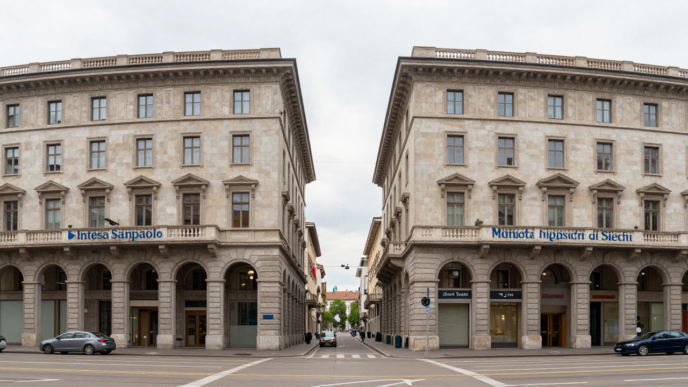 Bank facades in Milan representing Intesa Sanpaolo’s takeover offer for Monte dei Paschi di Siena.