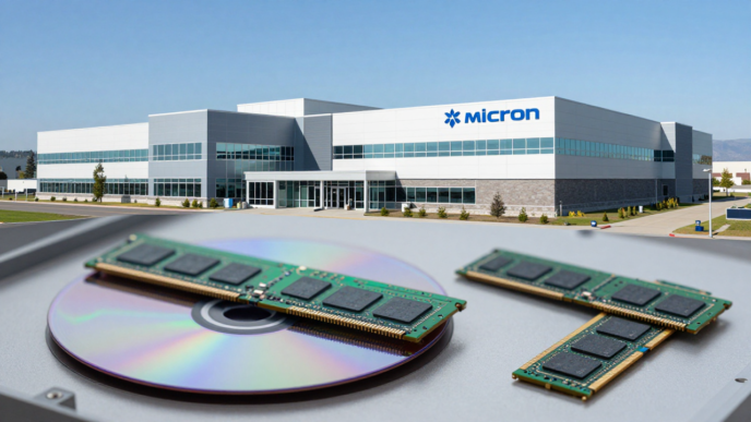 Micron semiconductor campus with a silicon wafer and memory chips in the foreground.