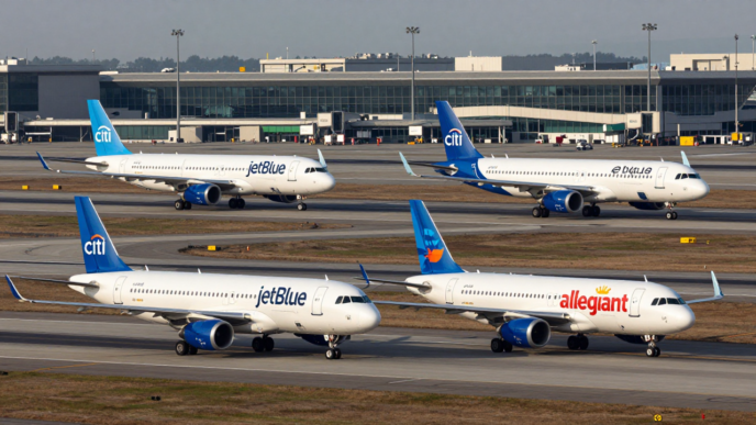 JetBlue and Allegiant passenger aircraft taxiing at an airport