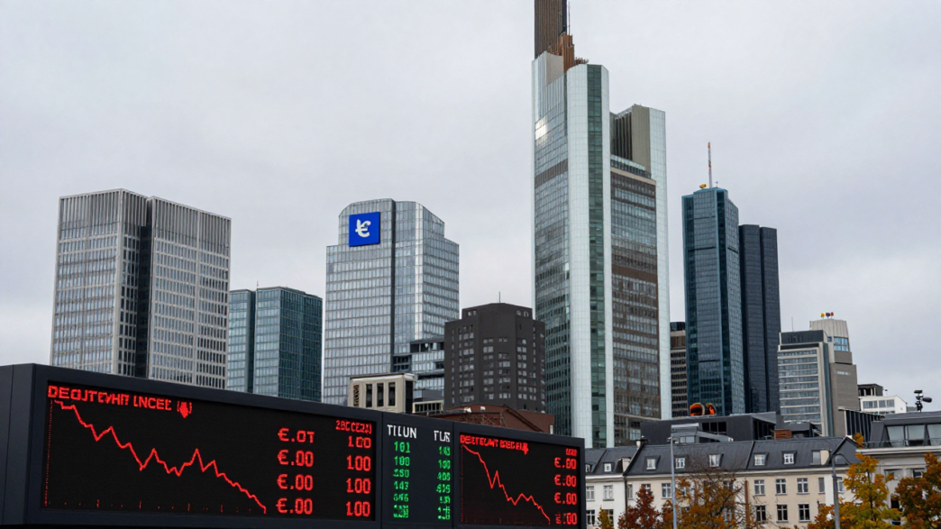 Deutsche Bank headquarters in Frankfurt beside a market display showing falling shares.
