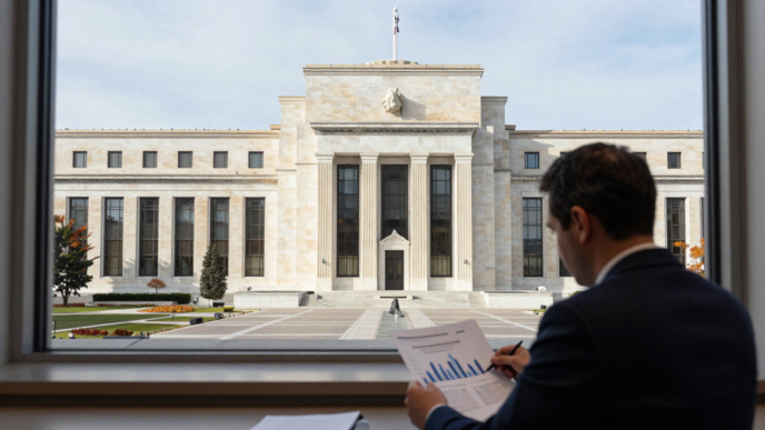 Federal Reserve headquarters in Washington, D.C., with an analyst reviewing inflation charts.
