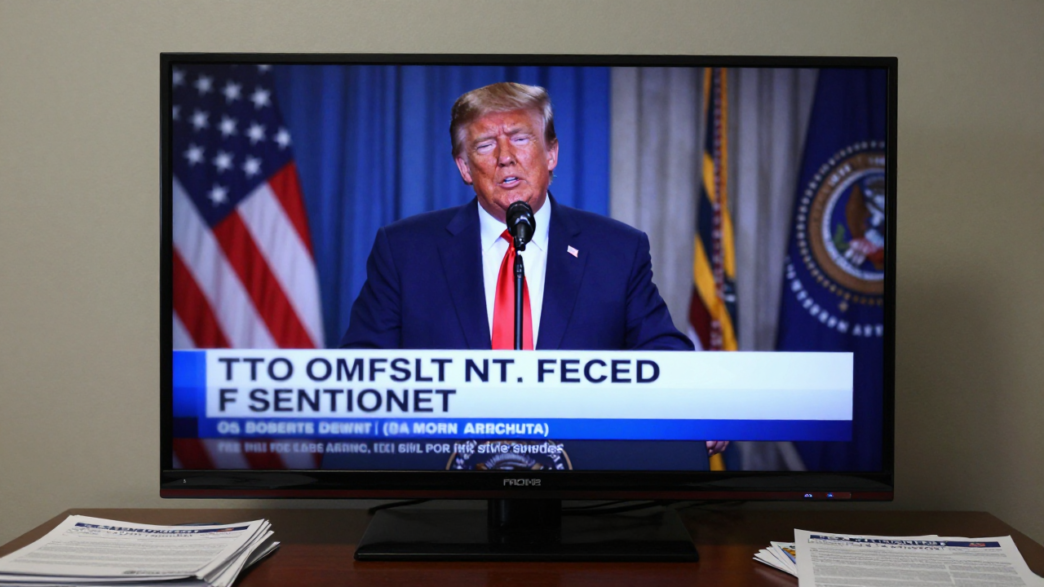 Television screen showing Donald Trump in a government-funded ad as campaign materials sit nearby.