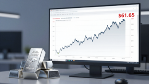 Silver bullion beside a market chart showing a short-term bounce beneath a longer downward trend.