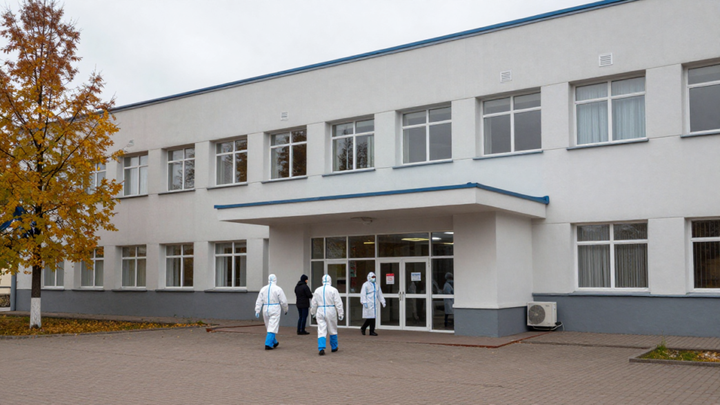 Health workers outside a research institute in Irkutsk.