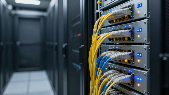 Fiber-optic networking equipment and server racks in a data center