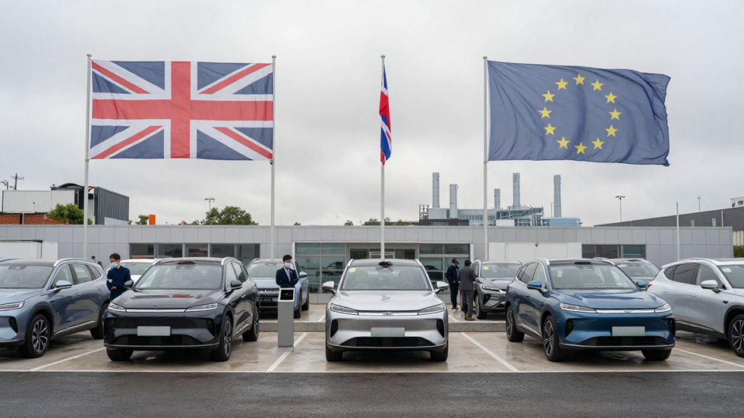 New electric and hybrid cars on a British dealership forecourt amid UK-EU automotive trade tensions.