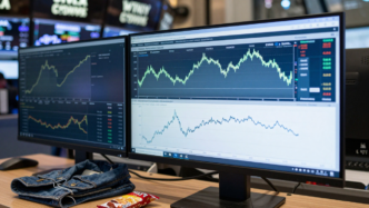 Trading-floor screens showing bond-market charts beside denim and snack products