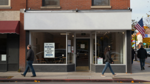 A hiring sign in a small-business storefront as pedestrians pass on an autumn day.
