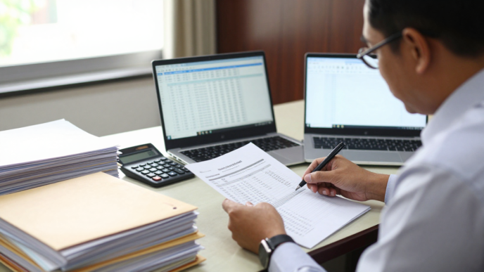 A government official reviews budget documents in an office in Jakarta.