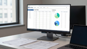 Investment research desk displaying sector allocation charts and institutional filing documents