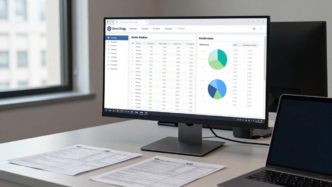 Investment research desk displaying sector allocation charts and institutional filing documents