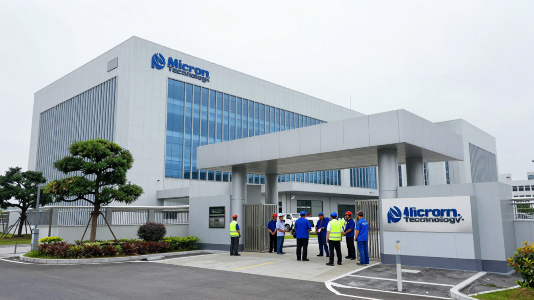 Employees outside Micron’s Taoyuan semiconductor facility in Taiwan