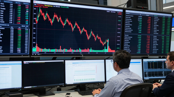 Financial analyst viewing a market screen with falling and rising stock charts