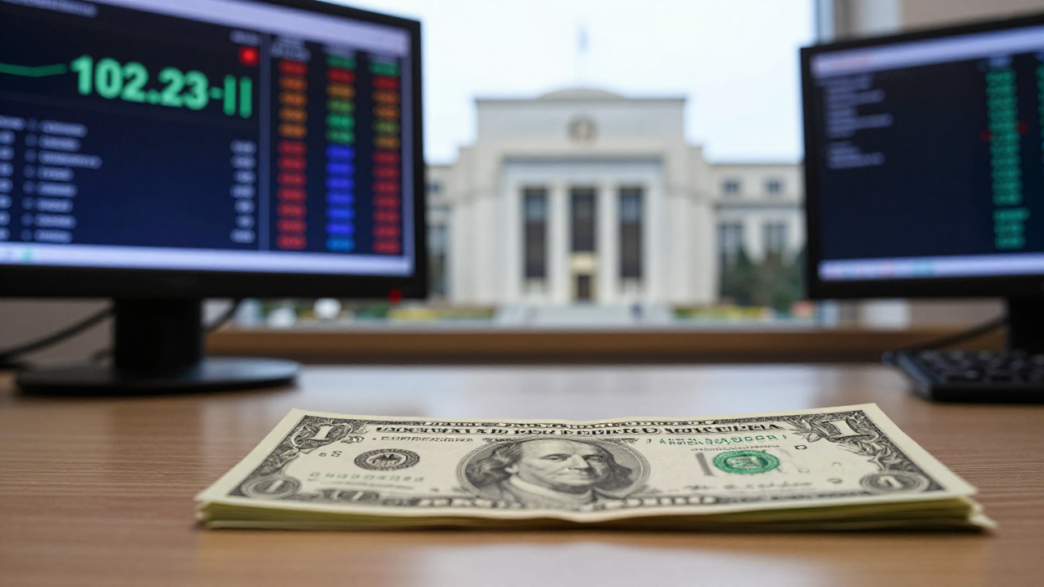 U.S. dollar banknotes beside a foreign-exchange trading screen, with the Federal Reserve building in the background.