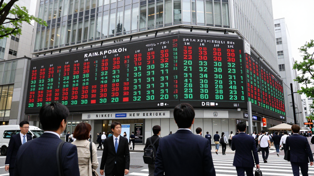 Electronic market board in Tokyo displays rising Japanese stock indexes as traders pass by.