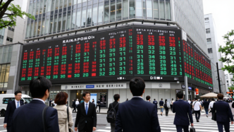 Electronic market board in Tokyo displays rising Japanese stock indexes as traders pass by.