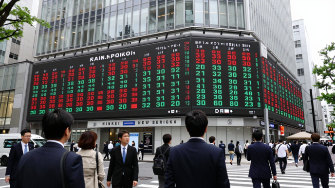 Electronic market board in Tokyo displays rising Japanese stock indexes as traders pass by.