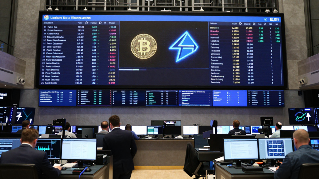 Exchange trading screens show Bitcoin, Ether and commodity market indicators.