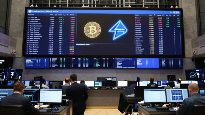 Exchange trading screens show Bitcoin, Ether and commodity market indicators.