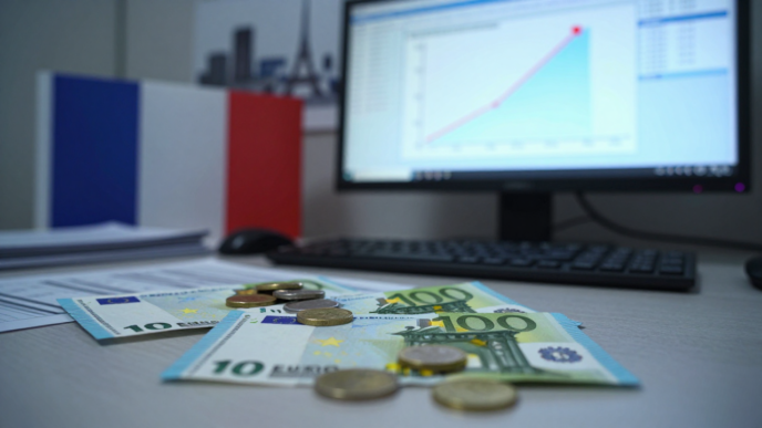 Euro banknotes and coins beside a market screen, with the French flag and Paris skyline in the background.