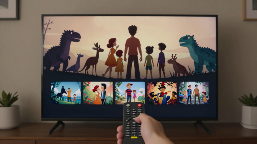 Television showing a streaming content menu in a living room