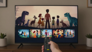 Television showing a streaming content menu in a living room
