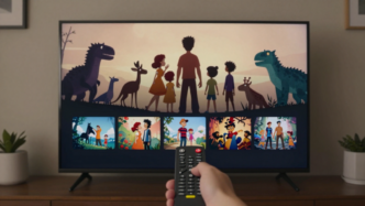 Television showing a streaming content menu in a living room