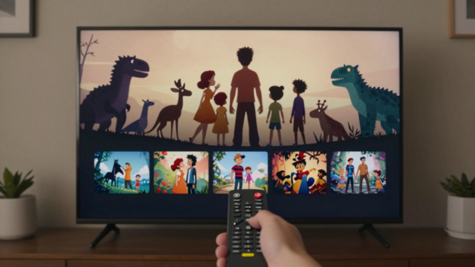 Television showing a streaming content menu in a living room