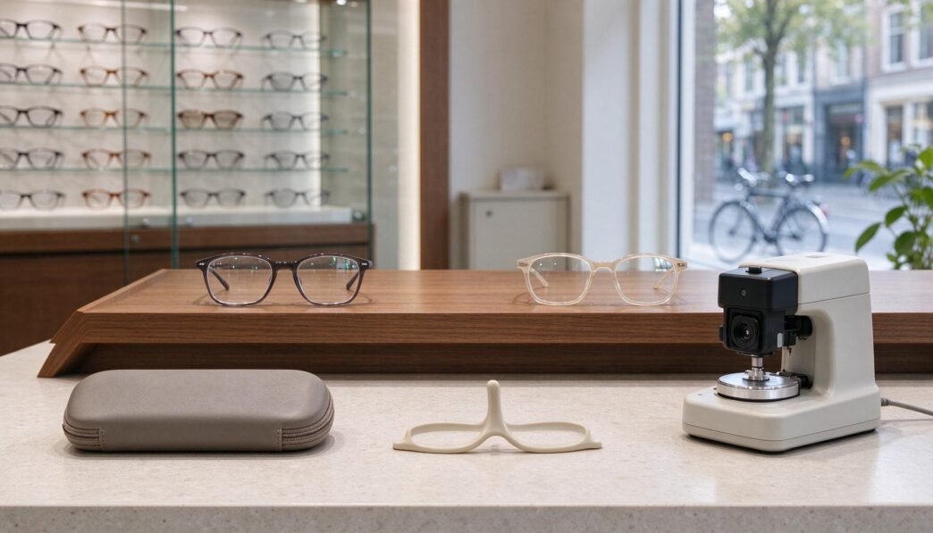 An empty eyeglasses stand on a counter in an optician’s shop.