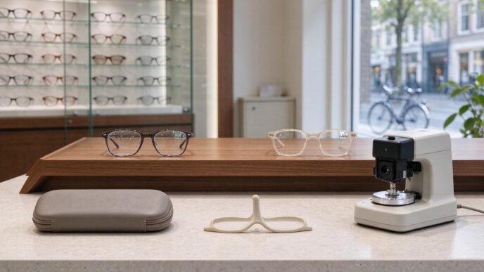 An empty eyeglasses stand on a counter in an optician’s shop.