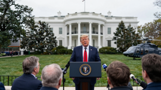 Donald Trump speaks to reporters on the White House South Lawn about diesel exports.
