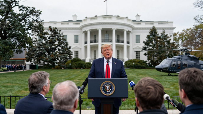 Donald Trump speaks to reporters on the White House South Lawn about diesel exports.