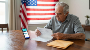 Older adult reviewing Medicare paperwork beside a phone and envelope at home.