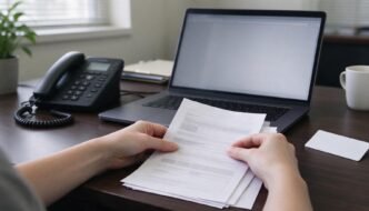Enrollment forms, an identification card and a laptop on a health insurance counselor’s desk.