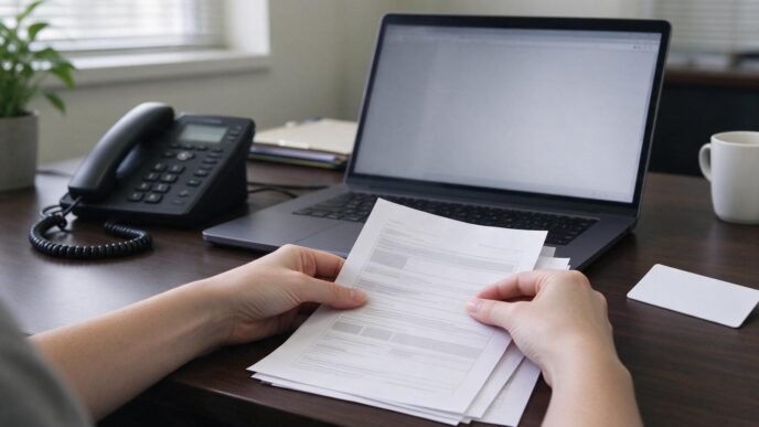 Enrollment forms, an identification card and a laptop on a health insurance counselor’s desk.