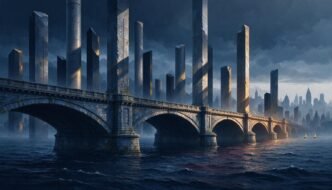 a European-style bridge above dark water beside towering bond-like pillars, with a small section illuminated to suggest a tentative market rebound.