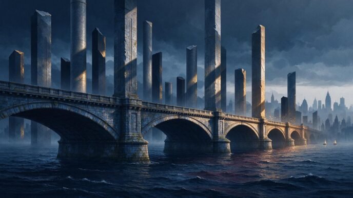 a European-style bridge above dark water beside towering bond-like pillars, with a small section illuminated to suggest a tentative market rebound.