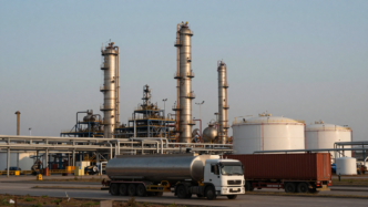 Oil refinery and petrochemical plant with industrial pipes, storage tanks and transport infrastructure.
