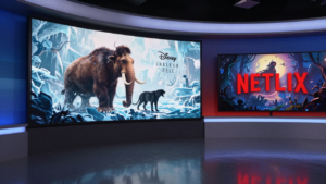 Streaming screens evoke Disney films and series licensed for Netflix, including Ice Age.