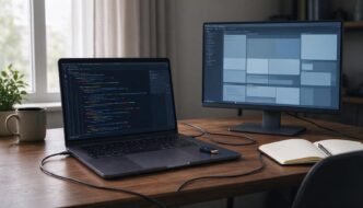 A laptop and monitor displaying generic software development interfaces on a contributor’s desk.