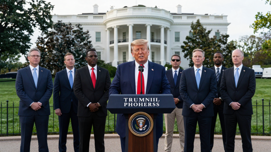 Donald Trump speaks to reporters outside the White House with technology executives behind him.