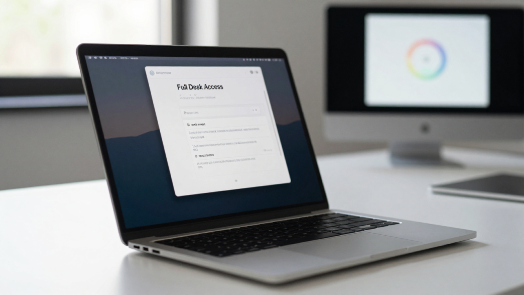 MacBook displaying a macOS privacy permission panel beside an AI assistant window.