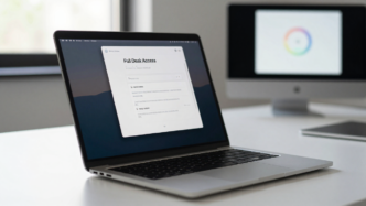 MacBook displaying a macOS privacy permission panel beside an AI assistant window.