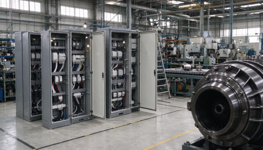 Electrical equipment cabinets and machinery components on a U.S. factory assembly line.