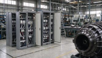 Electrical equipment cabinets and machinery components on a U.S. factory assembly line.