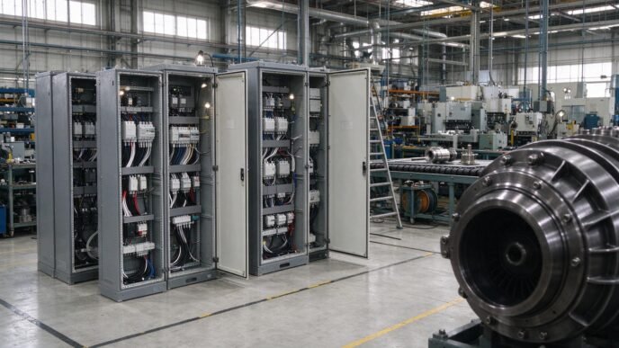 Electrical equipment cabinets and machinery components on a U.S. factory assembly line.