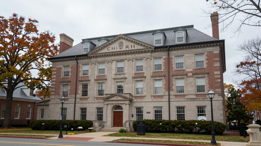 Exterior of the Chi Phi fraternity house at Cornell University in Ithaca, New York.